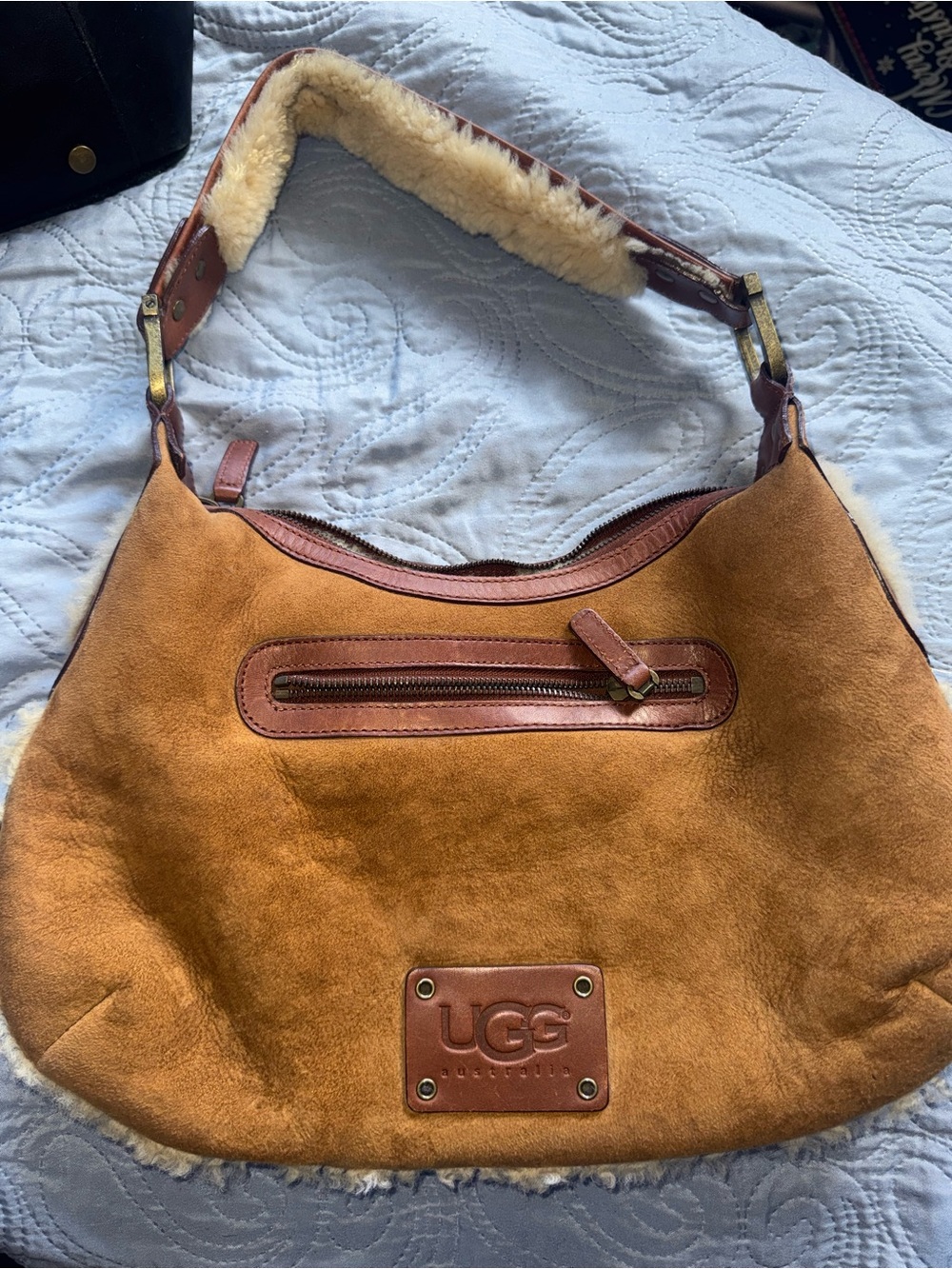 UGG Chestnut Brown Suede Shearling Hobo Tote